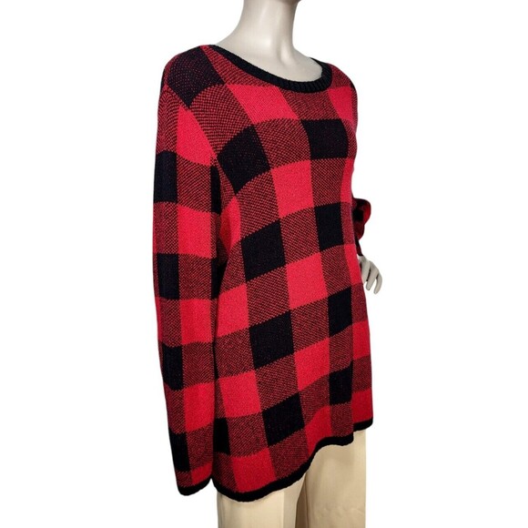 Grunge RED/BLK Buffalo Plaid Check Knit Flannel Pullover Basic Fall Sweater - Picture 1 of 7